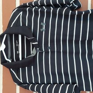 Under Armour Athletic Polo Shirt Youth LG Black White grey Stripe